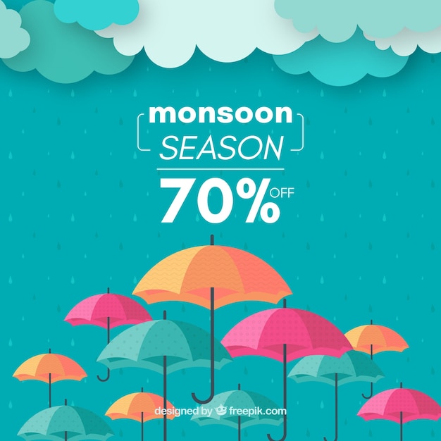 Monsoon season sale background with umbrellas