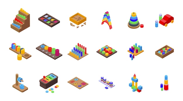 Montessori system icons set isometric vector. Block childhood. Children development