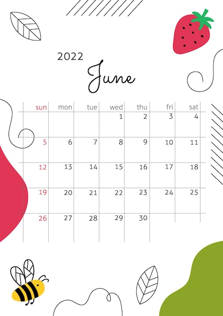 Month June 2022 abstract strawberry bee Vertical summer poster cute flat style bright colors