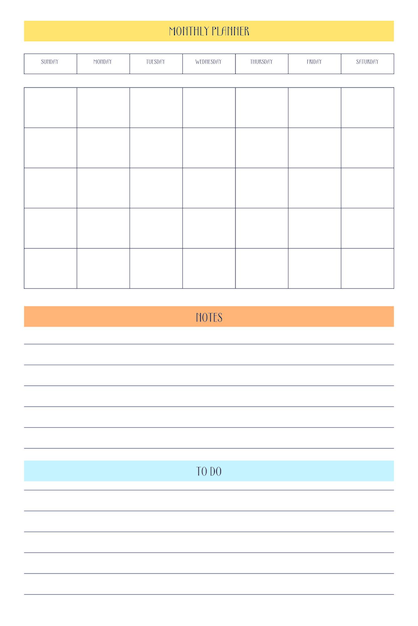 Monthly personal planner diary template in classic strict style with multicolor elements Monthly calendar individual schedule minimalism restrained design for business notebook Week starts on sunday