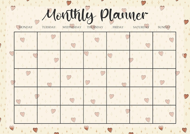 Vector monthly planner romantic paper sheet worksheet lovely template simple design