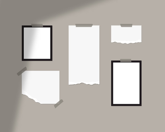 Mood board  template. Empty sheets of white paper on the wall with shadow overlay.   isolated.