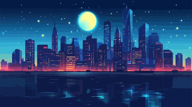 Vector moonlit cityscape panorama at night with reflecting lights