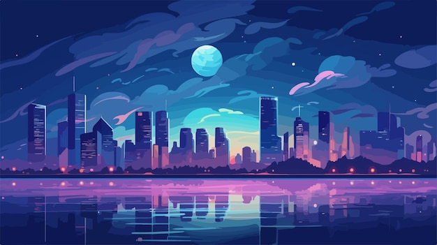 Vector moonlit night city panorama with urban cityscape view