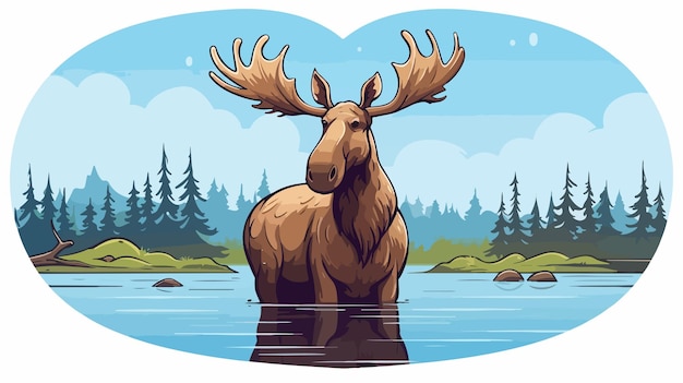 Vector a moose with a heart on its head is shown in a cartoon style