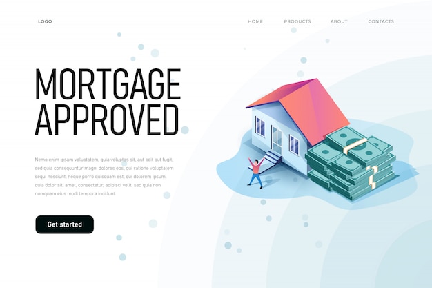 Mortgage approved isometric illustration with house and bunch of money. Landing page template, real estate themed website,  