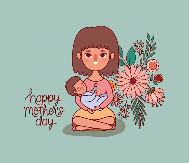 Mother and baby cartoon with flowers and leaves 