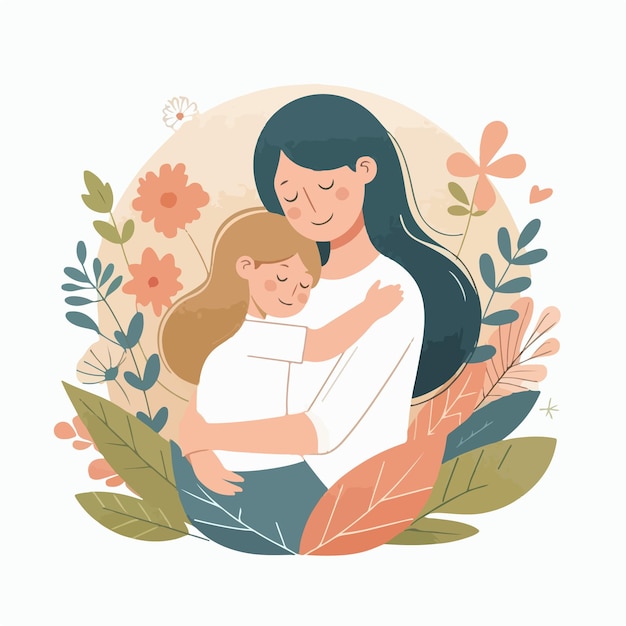 Vector mother and child hugging