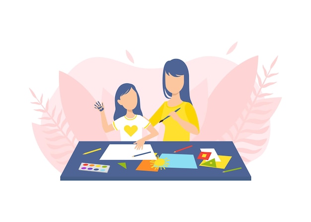 Vector mother and daughter drawing and painting together loving mom and her child in everyday life at home vector illustration