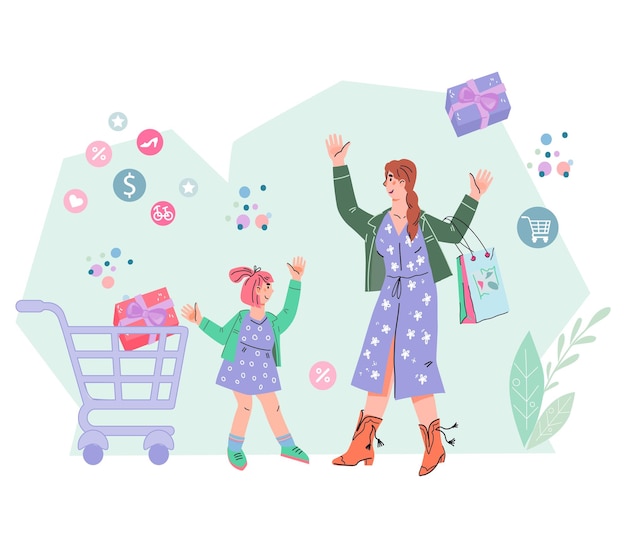 Mother and daughter go shopping flat cartoon vector illustration isolated