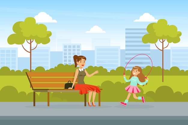 Vector mother and daughter walking together in summer park cute girl jumping with skipping rope summer outdoor activity cartoon vector illustration