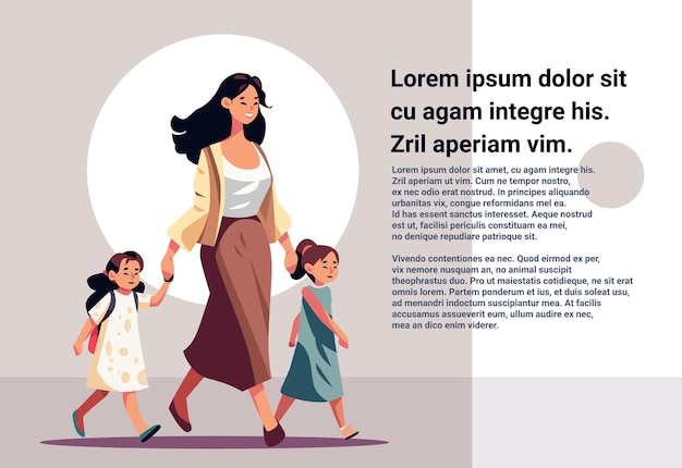 mother and little children walking together asian mom taking daughters to school or kindergarten motherhood happy family concept full length copy space vector illustration