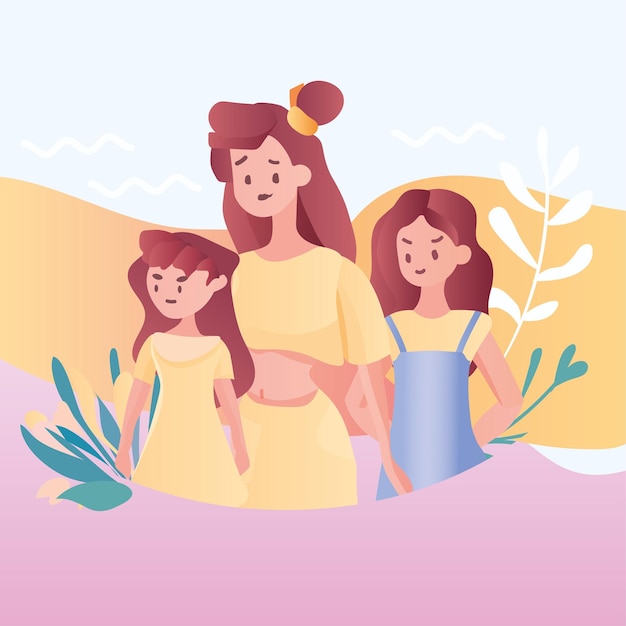 mother walking with her little daughters loving family parenthood childcare concept mothers day card template woman spending time with kids vector illustration