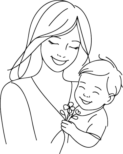 Mothers Day lineart vector Single line drawing Woman hold her baby Vector illustration