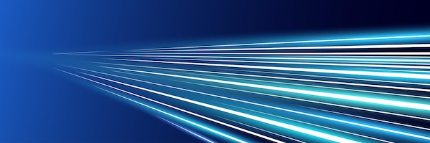 Vector motion luminous linear trails horizontal banner high speed bright blue glowing rays abstract