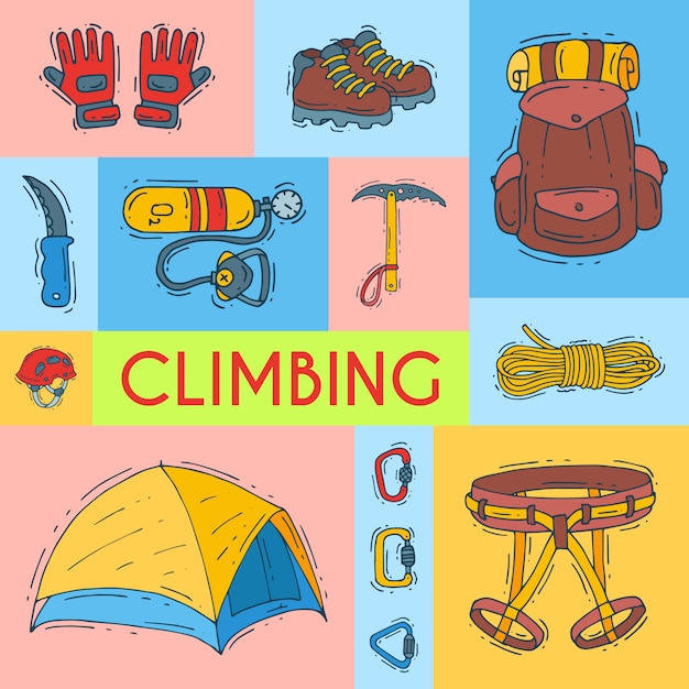 Mountain climbing, alpinism and mountaineering vector illustration. 