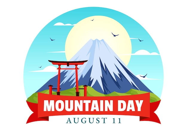 Vector mountain day in japan vector illustration on august 11 featuring mount fuji and sakura flower background in a flat cartoon style design