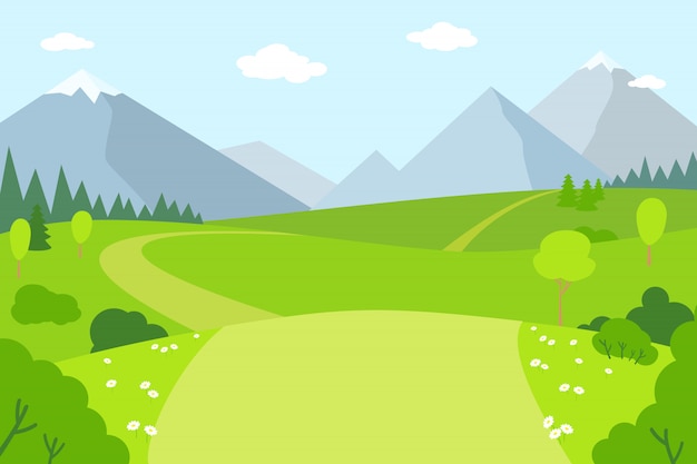 Mountain landscape flat cartoon style. Summer scenery outdoor activities. Park, green grass mountains