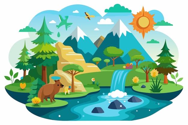 Mountain Landscape with Waterfall Forest and Animals