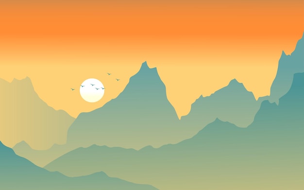 Vector mountain scenery on sunset in flat style