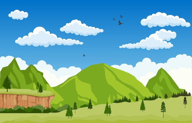 Mountain Valley Cliff Tree Nature Landscape Vector Illustration