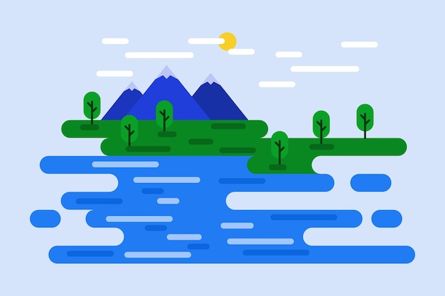 Vector mountain view above the sea flat design illustration