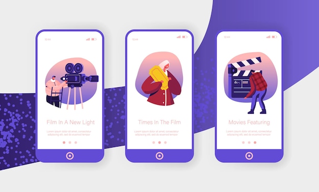 Movie Making Mobile App Page Onboard Screen Set.