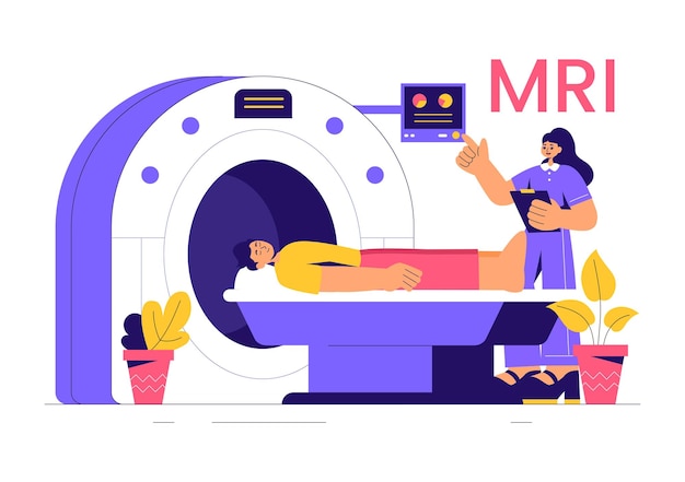 Vector mri or magnetic resonance imaging illustration featuring a doctor and patient during a medical examination with a ct scan machine in a flat background