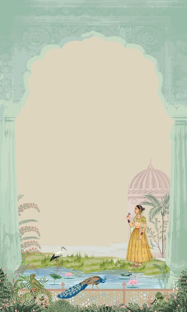 Vector mughal garden with queen lake lotus crane peacock palace tree and bird illustration