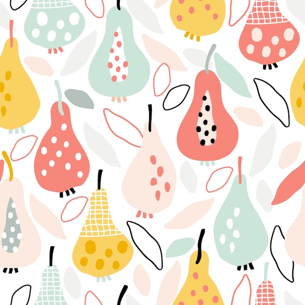 Multicolored pears are hand-drawn. Seamless pattern with vector illustrations of food for kitchen