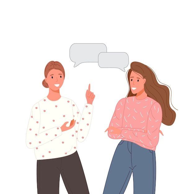 Multiethnic people talking or discuss social network. Two friend speaking couples with speech bubbles. Character dialogue concept.