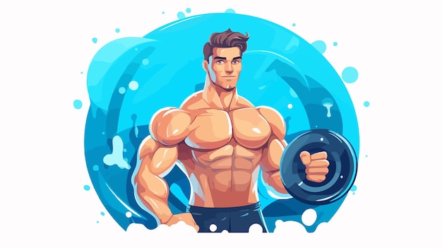 Vector muscular bodybuilder holding sign in cartoon style illustration