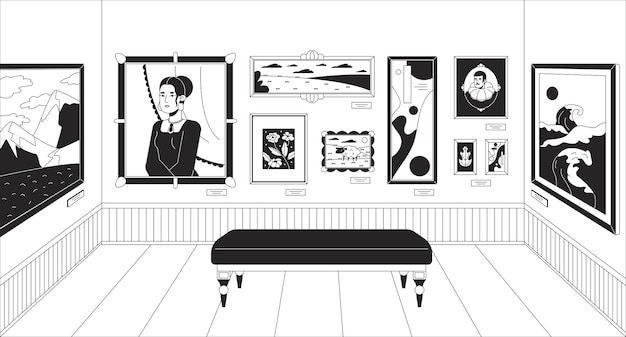 Vector museum art gallery black and white line illustration