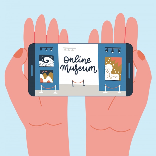 Museum exhibit online concept. Contemporary art gallery. Hands with phone with exibition app on screen. Colorful flat illustration with lettering. Home hobby for self isolation.