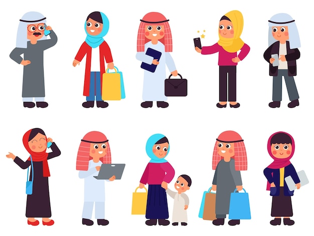 Muslim characters Saudi women casual arabian traditional people Isolated cute arab man islamic girls in hijab Businesswoman decent vector set