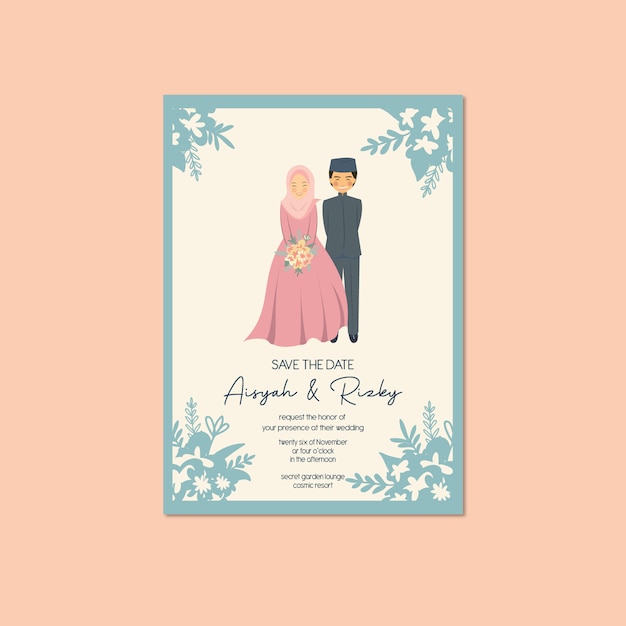 Muslim Couple Portrait Wedding Invitation - Walima Nikah Save The Date Template