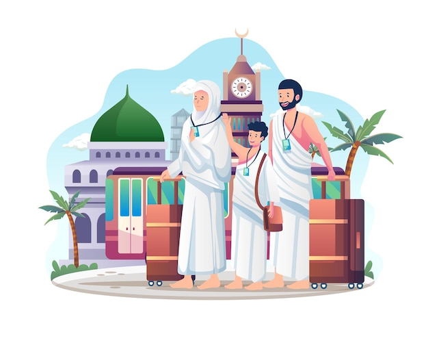 A Muslim Family pilgrim just arrived in mecca to perform Hajj or umrah Pilgrimage illustration