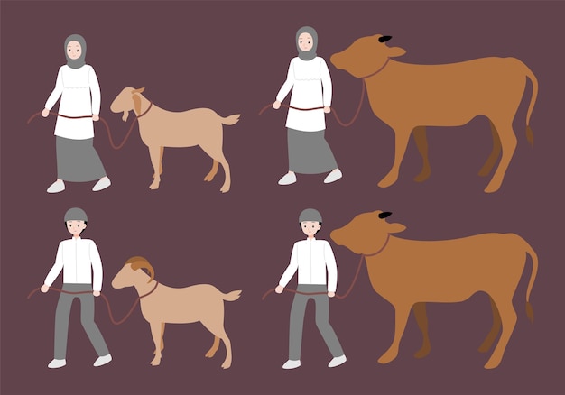 muslim people with animal for eid al adha vector flat concept