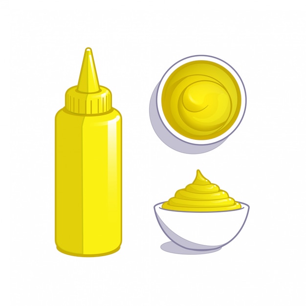 Mustard dip sauce in bottle and bowl.