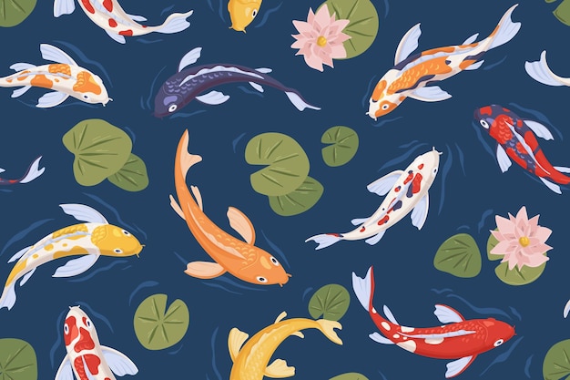 Vector naadloos japans patroon met aziatische koi-vissen die in een vijver zwemmen. eindeloze herhaalbare achtergrond met chinese tuinkarpers, blad, lotus en waterlelies. vlakke vectorillustratie voor afdrukken.