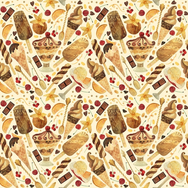 Naadloos patroon Waterverfroomijs op een beige achtergrond Product clipart Premium dessertvoedsel