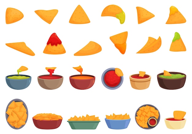 Nachos icons set cartoon vector Mexican dip