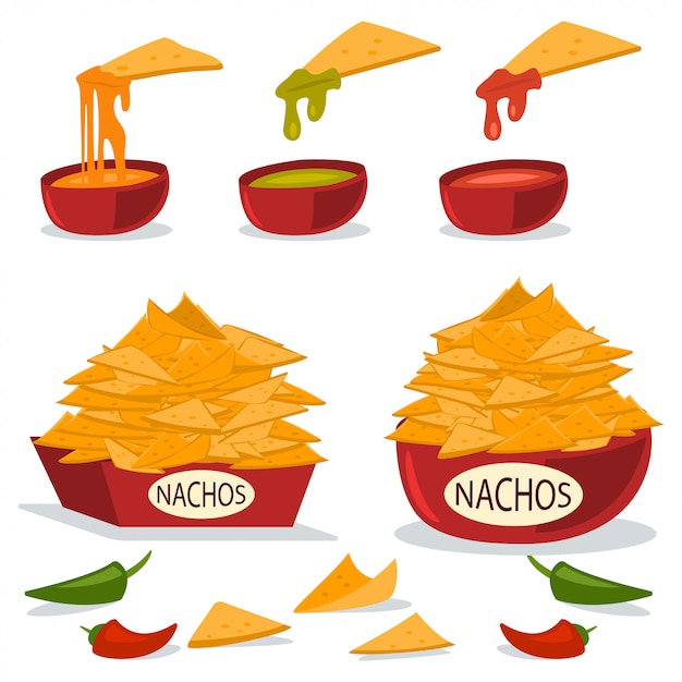 Vector nachos in a plate with cheese, chili and guacamole sauces. cartoon flat illustration of mexican food isolated on white background.