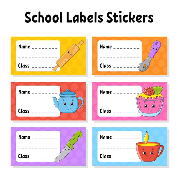 Name and class Back to school labels Set stickers for notebook Bright stickers Rectangular label