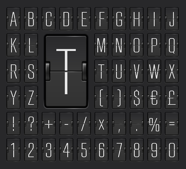 Narrow black flip board font with numbers for showing flight departure or arrival information. Airport terminal mechanical scoreboard alphabet to display destination and timetable vector illustration.