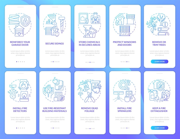 Natural disasters safety blue gradient onboarding mobile app screen set
