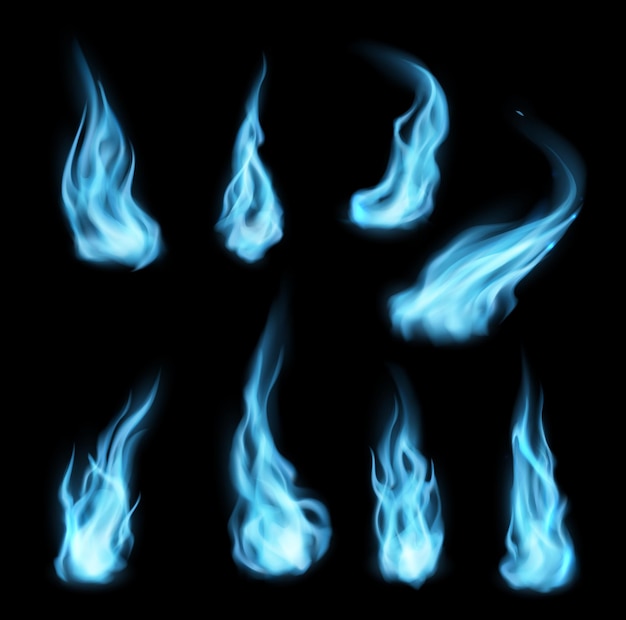 Vector natural gas blue fire long trails isolated set