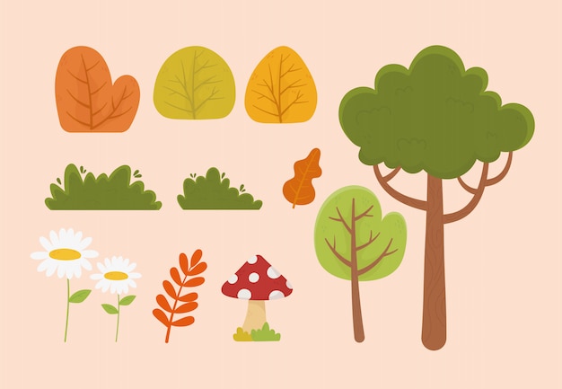 nature foliage tree flower mushroom leaf bush vegetation icons illustration