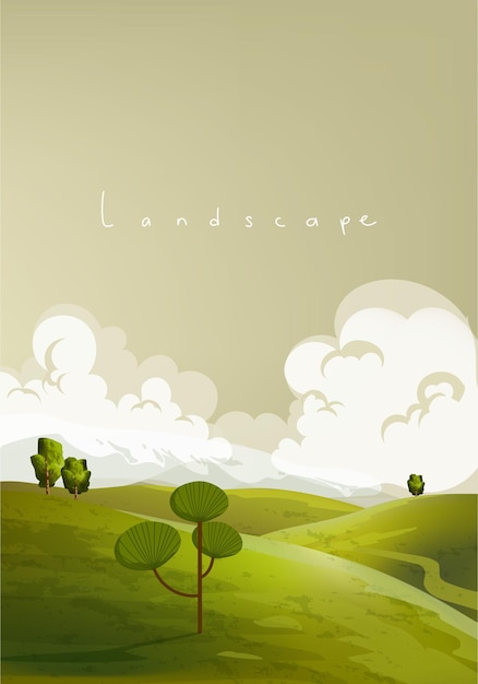 Vector nature landscape with green meadow grass trees and blue sky vector illustration background