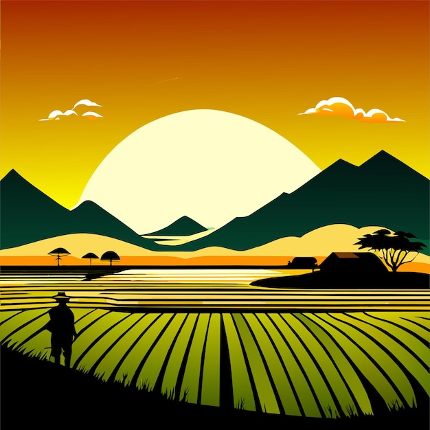 Nature scene of rural land agriculture grassland abtract silhouette of asian farmers working